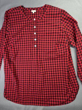 Talbots Shirt Womens 3X Plus Red Black Plaid Henley Popover Jeweled Buttons